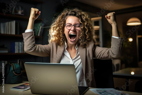 Business Success. Young Happy Businesswoman Celebrating Success With Laptop In Homeoffice