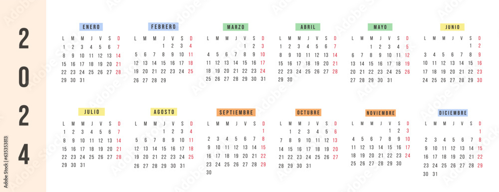 Spanish calendar 2024 year. Vector stationery horizontal calendar week starts Monday. Yearly organizer. Simple calendar template in minimalist design. Business illustration. Spanish calendar 2024 year. Vector stationery horizontal calendar week starts Monday. Yearly organizer. Simple calendar template in minimalist design. Business illustration.