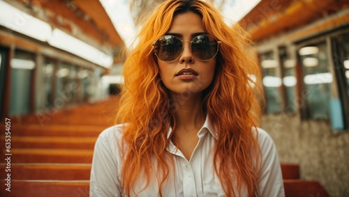 A stylish woman with red hair and sunglasses on a train