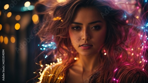 A woman with long flowing hair and vibrant lights in the background