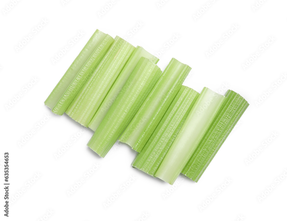 Fresh cut celery stalks isolated on white, top view Fresh cut celery stalks isolated on white, top view