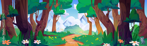 Forest road to mountain summer sky background. Green grass and tree nature sunny outdoor environment illustration with chamomile flowers and mouse. Travel paradise foliage woodland park landscape
