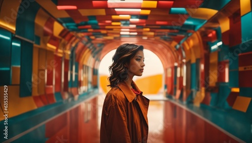 A woman standing in a vibrant tunnel