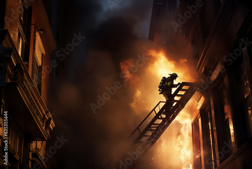 A fire fighter climbing into a burning building
