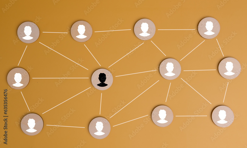 Φωτογραφία wooden with person icon leadership, team building, recruitment employee business, management and human resources on yellow background