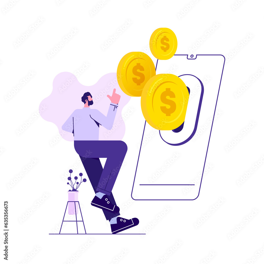 Obraz na plátně Businessman make money income from smart phone, gold coins flow out of the slot