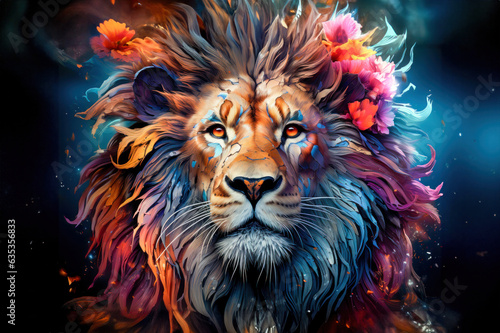 Lion with flowers in the mane. Colorful painting. Generative AI