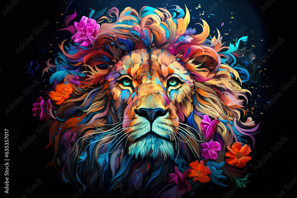 Lion head with colorful flowers on black background. Illustration. Generative AI