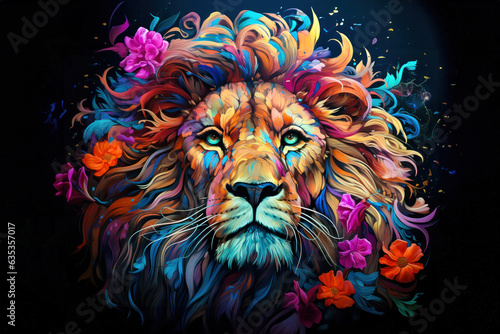 Lion head with colorful flowers on black background. Illustration. Generative AI