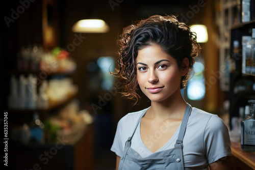 Portrait of a beautiful young woman working in a coffee shop. Generative AI