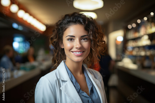 Portrait of smiling waitress standing at counter in coffee shop and looking at camera. Generative AI