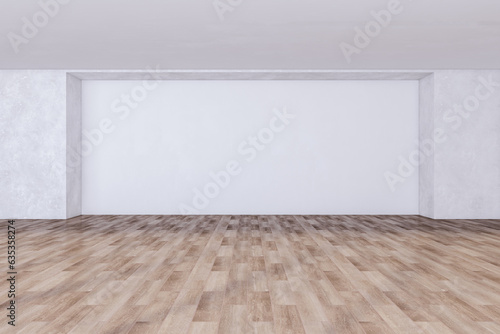 Contemporary empty spacious wooden and concrete ceiling and flooring interior with mock up place on wall. 3D Rendering.