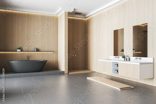 Contemporary brown blank bathroom interior with bathtub  furniture and other items. 3D Rendering.