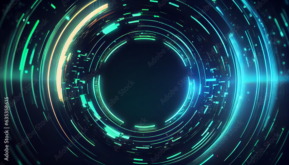 Abstract futuristic background with green blue glowing neon moving high speed round lines and bokeh lights. abstract background with circles,Ai generated image Abstract futuristic background with green blue glowing neon moving high speed round lines and bokeh lights. abstract background with circles,Ai generated image
