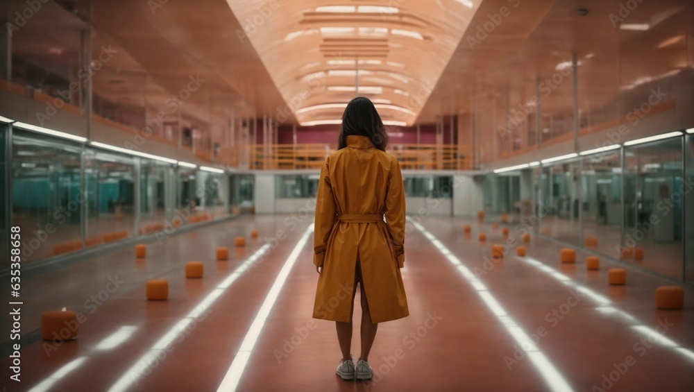 A woman in a stylish yellow trench coat walking down a modern hallway