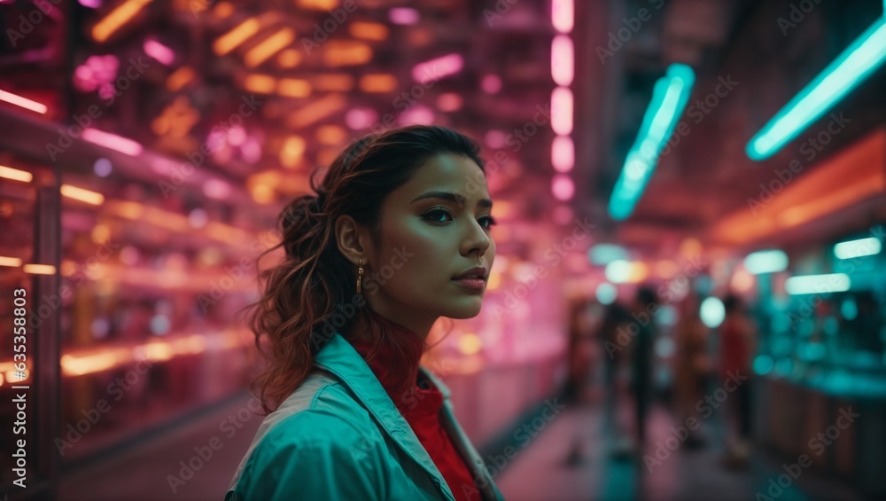 A woman standing in a subway station with vibrant neon lights