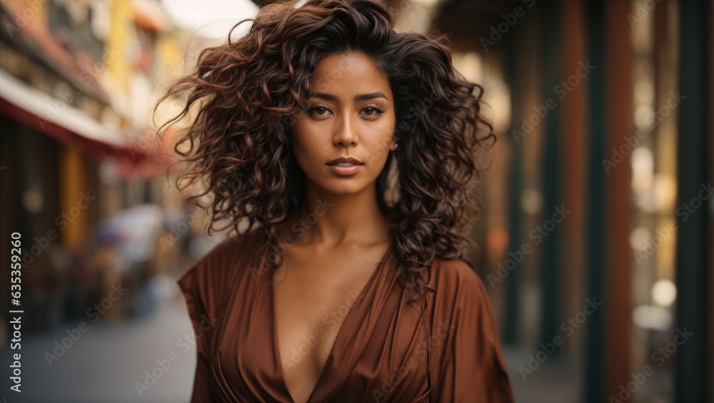 A woman with curly hair standing on a city street A woman with curly hair standing on a city street