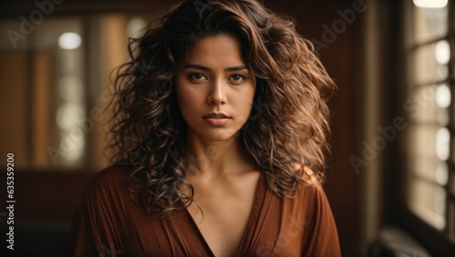 A woman in a brown shirt posing for the camera photo