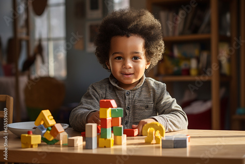 little black toddler boy playing with wooden building blocks at a table