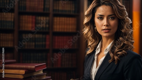 A professional woman standing confidently in front of a bookshelf