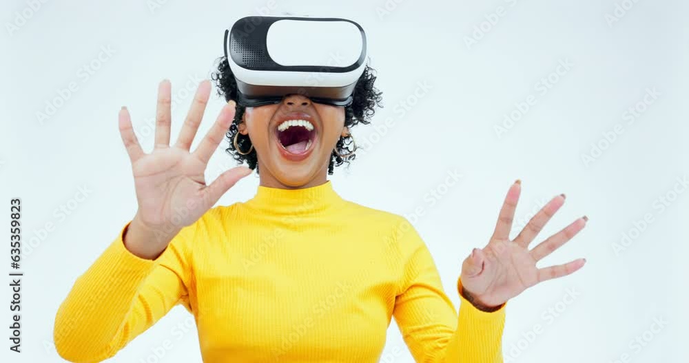 Virtual reality, wow and 3d with woman and metaverse in studio for gaming, digital and future. Internet, technology and cyber network with gamer on white background for surprise, games and ux Virtual reality, wow and 3d with woman and metaverse in studio for gaming, digital and future. Internet, technology and cyber network with gamer on white background for surprise, games and ux
