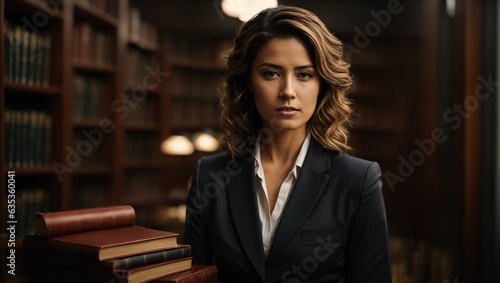 A professional woman standing confidently in front of a bookshelf
