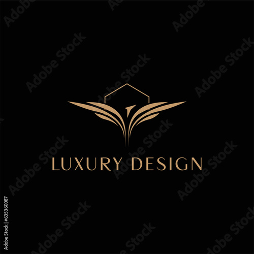 Luxury real estate logo design, house real property gold logo isolated in black background, eagle rise on house concept