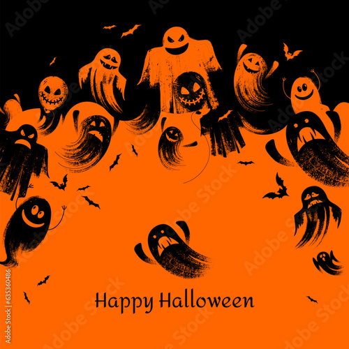 Halloween banner with black ghosts and bats on the orange background. Illustration with text.

