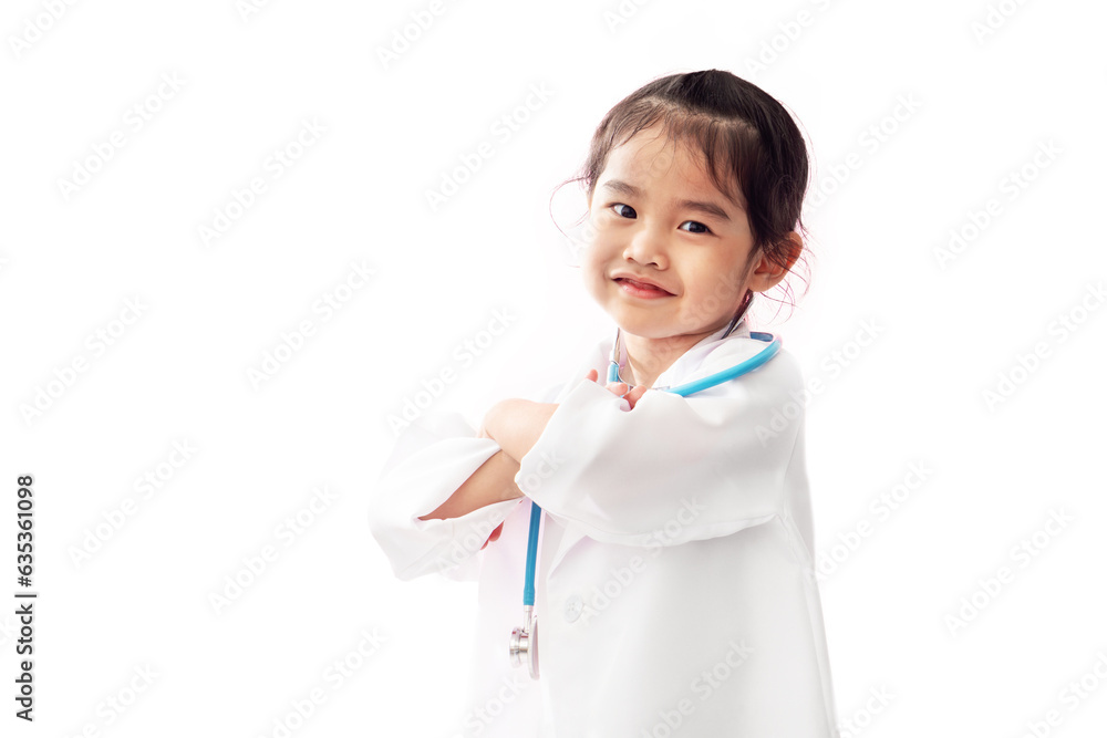 Asian girl holding a stethoscope Wearing a white medical gown on a white background Asian girl holding a stethoscope Wearing a white medical gown on a white background