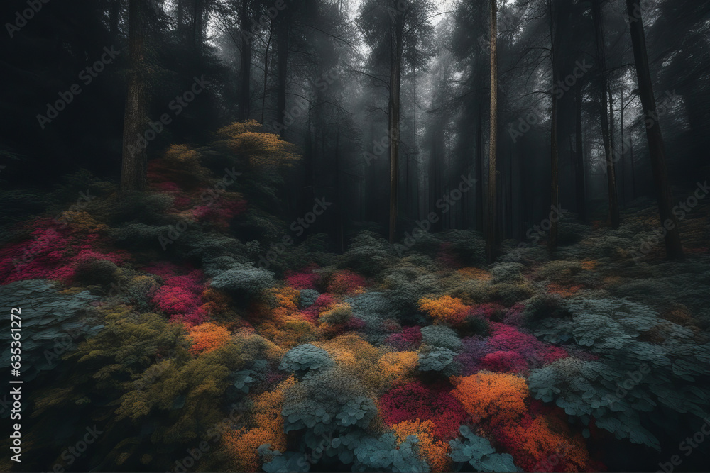 Mystical slumber forest with colorful thickets and bushes early in the morning with a little fog.