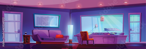 Music and sound record studio booth vector cartoon interior illustration. Microphone and synthesizer professional equipment in room with door and glass window near workstation. Radio mixing computer