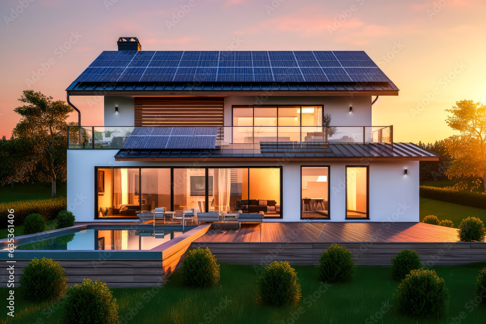 The exterior of a modern low-rise building with solar panels installed ...