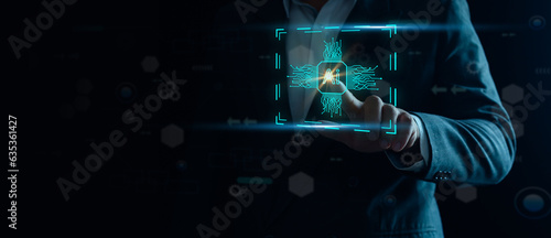 Businessman touching the brain of artificial intelligence (AI). Futuristic business. Innovation connected global network. Investing, financial charts, GPT chatbot, business goals, AI concept.