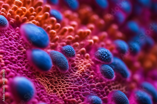 Macrocosm, the macroscopic world of viruses and microorganisms under the microscope clinging to skin tissues.