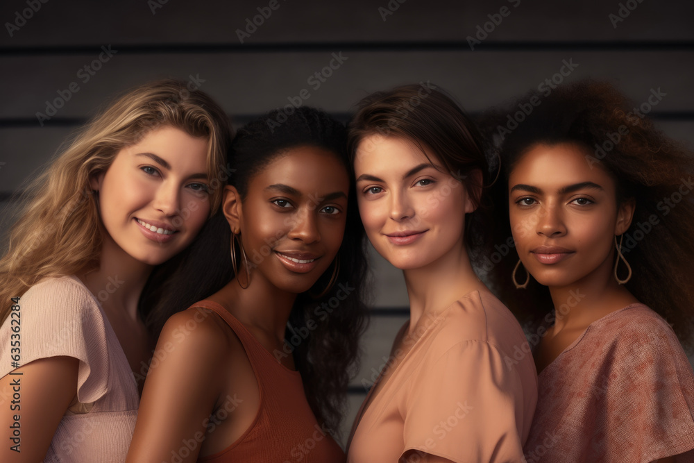 Obraz premium A group of smiling females stands together, representing diversity in body types and skin tones. Generative Ai, Ai.