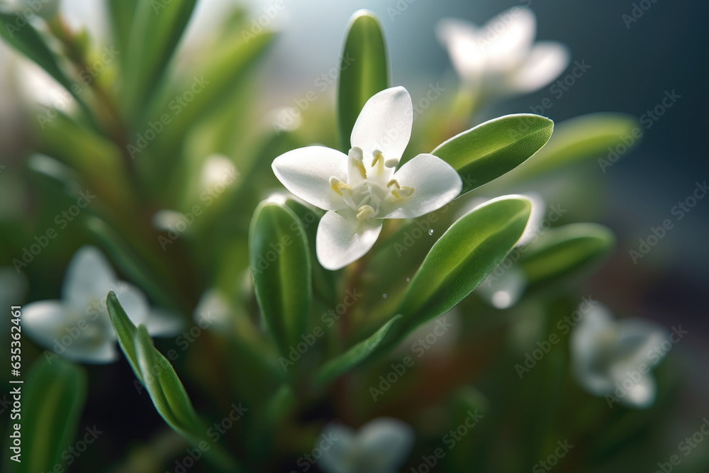 Fototapeta premium A close-up shot focuses on a Greater Sea Spurrey (Spergularia media), revealing its intricate details and delicate beauty. Generative Ai, Ai.