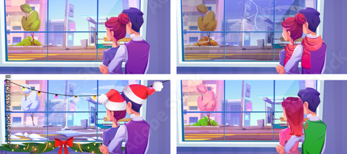 Couple back near window with season city bus stop view background. Woman and man in room standing and watching at cityscape in summer, autumn, winter and spring at sunny day or lightning weather.