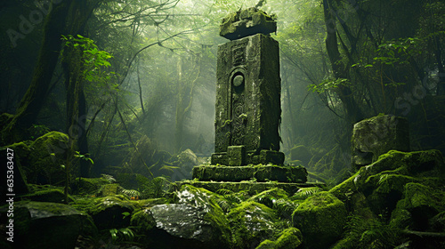 Weathered Stele: Carved Standing Altar in Mystic Forest photo