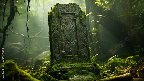 Weathered Stele: Carved Standing Altar in Mystic Forest photo
