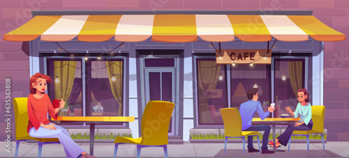 People drinking coffee in city street cafe. Vector cartoon illustration of young woman sitting alone, couple having date at outdoor tables in coffee shop. Urban bistro exterior decorated with garland