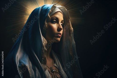 Portrait of Mother Mary in a blue veil over dark background photo