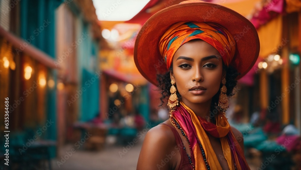 A stylish woman wearing a vibrant red hat and scarf