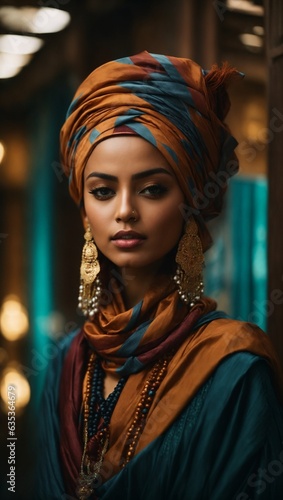 A woman with a turban and adorned with jewelry
