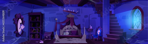 Spooky bedroom in night medieval castle. Vector cartoon illustration of abandoned dark room with old broken furniture, dusty cobweb on stone walls, staircase, moonlight in window, haunted palace
