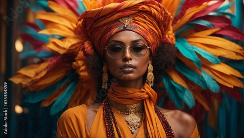A woman with a vibrant headdress and stylish glasses