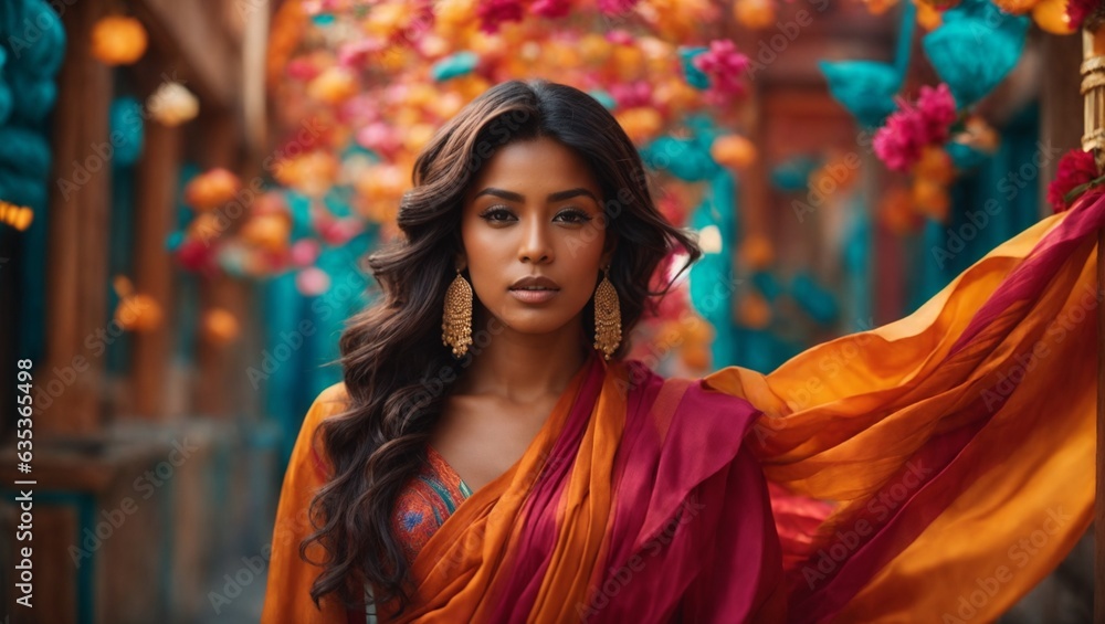 A woman wearing a vibrant red and orange sari A woman wearing a vibrant red and orange sari