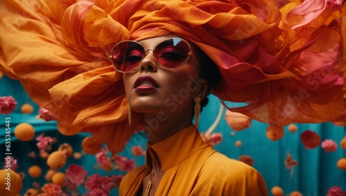 A stylish woman in a vibrant orange hat and sunglasses