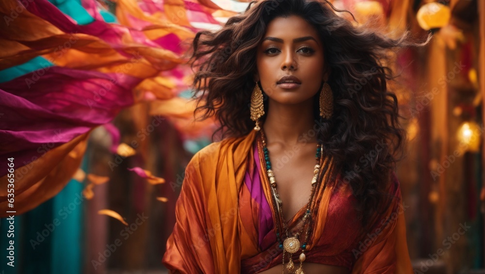 A woman with long hair in a vibrant and colorful outfit A woman with long hair in a vibrant and colorful outfit