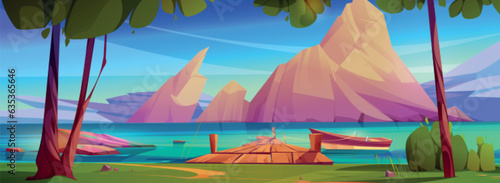Mountain lake with dock and boat cartoon vector background. Summer nature scenery with water, tree and beautiful sky. Outdoor panorama with river for location on coast. Calm travel backdrop design