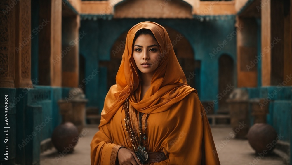 A woman in a yellow shawl standing in a courtyard A woman in a yellow shawl standing in a courtyard